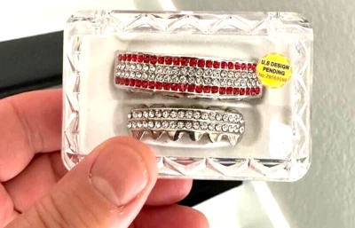 Iced Silver Mouth Teeth Metal Grillz Upper Lower Set 6 Row CZ Red Stones - Image 1 of 4
