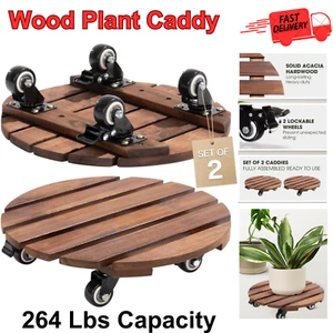 14" Acacia Wood Rolling Plant Caddy, Heavy Duty, 360° Lockable Wheels, 264 lbs - Picture 1 of 7