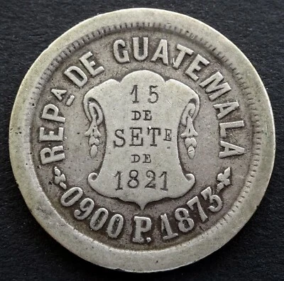 1873 Guatemala, 2 Reales, 6.35g, .900 Silver, KM-149 - Image 1 of 2
