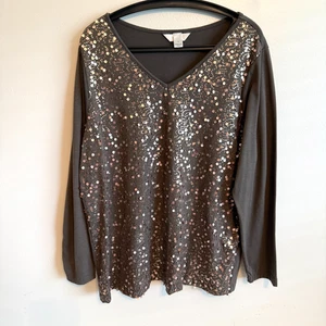CJ Banks Womens Sz 1X Brown Sequin Long Sleeve Top Blouse Holiday Festive Party - Picture 1 of 12