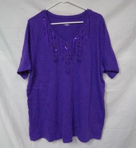 Women's CATHERINES Sequin Bead V-Neck RN#99249 T-Shirt PURPLE ~ 0X 14/16W - Picture 1 of 8