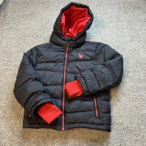 Spyder Jacket Youth XS S 5/6 Black Red Hooded Puffer Winter Coat Insulated - Picture 1 of 13