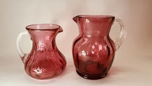 Two Vintage Pilgrim Glass Cranberry Glass Mini Pitchers or Creamers with Optics - Picture 1 of 7