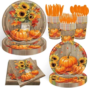 140 Pcs Thanksgiving Party Supplies Set for 20 Guests, Pumpkin Tableware - Picture 1 of 12