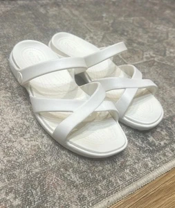 Crocs Women's Meleen Cross Band Strappy Sandal Slide Size 7 W White Comfort - Picture 1 of 6