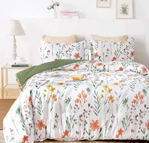 Full Size Comforter Set, White Yellow Floral, Green Leaf Pattern Print Reversibl - Picture 1 of 12