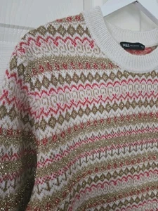 M&S Sparkle Fairisle Jumper Size Small P2P 21" Unstretched Christmas Gold Tinsel - Picture 1 of 9