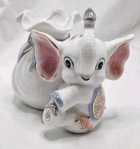 Vtg Baby Elephant Figurine w/Pink, Blue, Flowers, Gold Trim, Planter, Decor - Picture 1 of 16