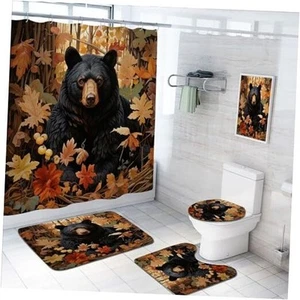 4 Pcs Black Bear Bathroom Shower Curtain Set with Rug, Toilet Lid Cover and - Picture 1 of 7