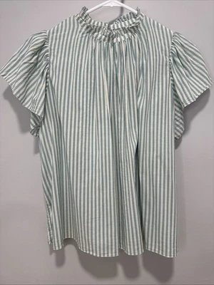 Blusa para mujer Trovata Birds of Paradise talla S verde azulado/blanco cuello con volantes a rayas Foto 1 de 4