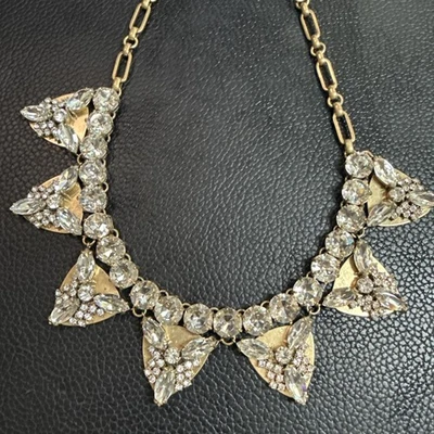 Vintage J.crew Statement Bib Necklace Clear Rhinestone Gold Tone- 16” Y2K  - Image 1 of 4