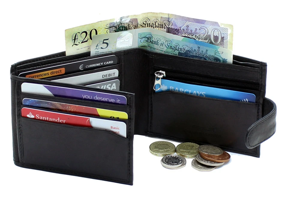 RFID Safe Mens High Quality Soft Black Leather Wallet With & Zip Coin Pocket 94