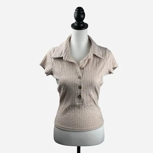 Lulus Cropped Polo Top Size M Daily Chic Beige Ribbed Stretchy Knit Fitted NEW - Picture 1 of 10