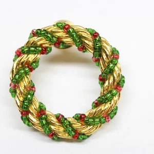 Vintage Beaded Christmas Wreath Brooch Pin Lapel Enamel Collectible - Picture 1 of 3