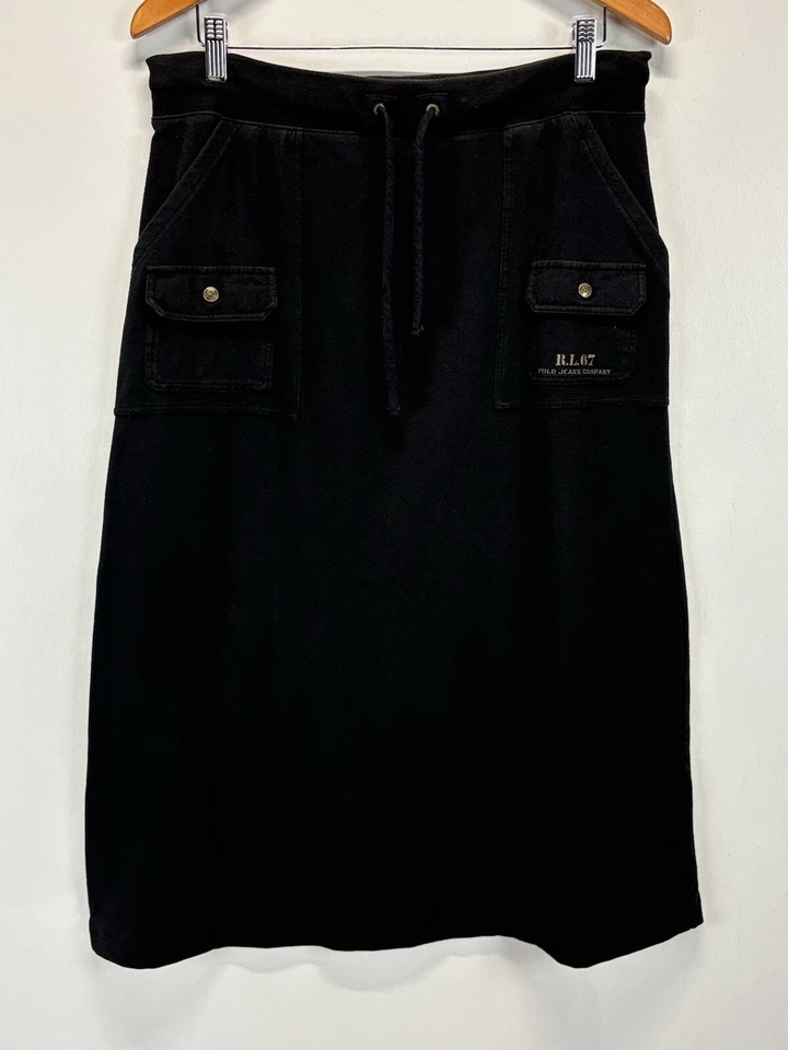 Vtg Polo Jeans Company Ralph Lauren Midi Skirt Sz Large black Pockets Pull On - Image 1 of 4