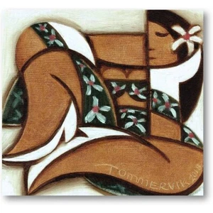 Elegant Wall Art Hawaiian Canvas Print Lady In Floral Dress Beautiful Room Decor - Picture 1 of 2