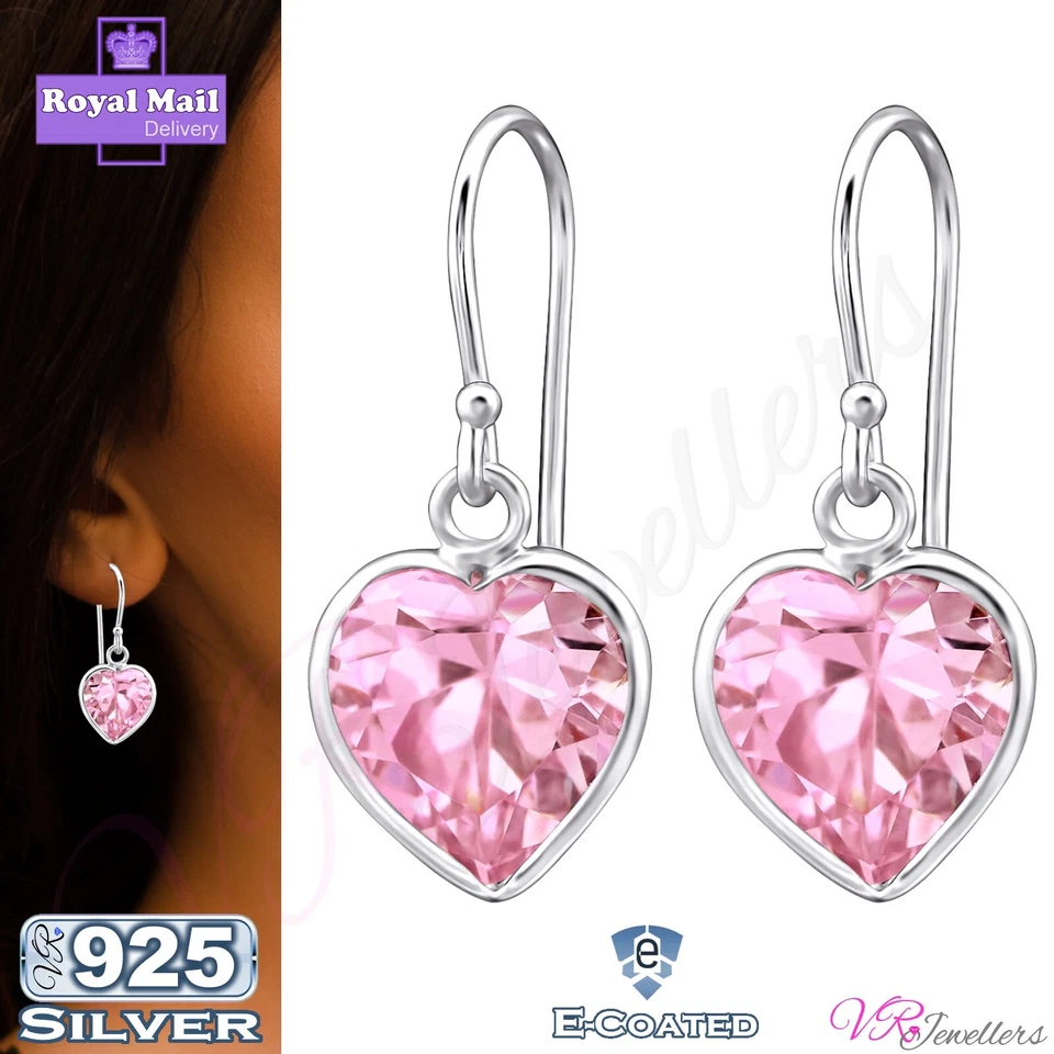925 Heart Earrings Cubic Zirconia Sterling Silver Pink Drop Dangle Earrings +Box - Image 1 of 3