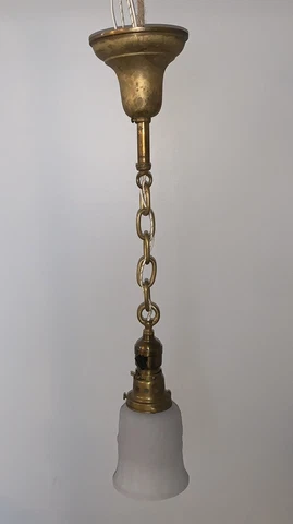 24” Antique Yellow Brass Pendant Light Fixture W/ Heavy White Frosted Shade! 22E Cover