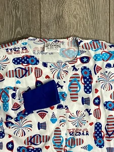 UA scrub shirt American red white blue USA Long Sleeve Medical Nurse Holiday - Picture 1 of 4