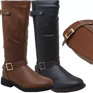 Kinder Mädchen Stiefel mittelwade kniehohe niedrige Absätze Reißverschluss schließen Reiten Gummibänder hinten - Bild 1 von 16