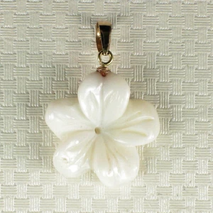 14kt Hand-Carved Mother of Pearl Hawaiian Plumeria Pendant Necklace - Picture 1 of 17