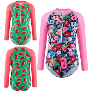 Kids Girls Long Sleeve Rash Guard Swim Bodysuit One-Piece Bathing Suit Swimwear - Picture 1 of 28