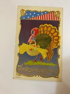 Thanksgiving Postcard~Patriotic-Turkey with Basket "Thanksgiving Greetings"~PC51 - Picture 1 of 6