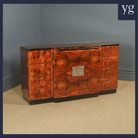 Antique French Art Deco Burr Walnut & Ebony Breakfront Sideboard (c. 1930) Cover