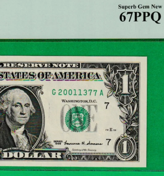 1999  $1  Federal Reserve note BIRTH YEAR Serial Numbers  "2001" - 1377 PCGS 67 - Image 1 of 3