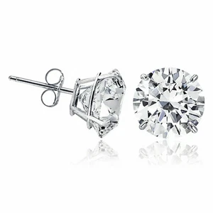 14K Solid White Gold Round Solitaire Cubic Zirconia Push Back Ear Stud Earrings - Picture 1 of 1