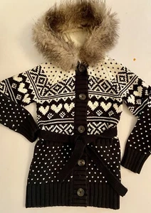 NWT Girls XS 4-5 GAP KIDS HOODED FAIR-ISLE Fur Button BLACK Tie CARDIGAN SWEATER - Picture 1 of 3