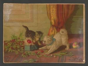 Victorian Era Chromolithograph Card - Dog, Cat, Jack-in-the-Box - Late 1800's - Picture 1 of 2