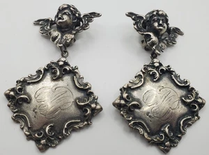 Vintage Sterling Monogramed Cherub/Angel Elaborate Clip-On Earrings - 39 Grams - Picture 1 of 7