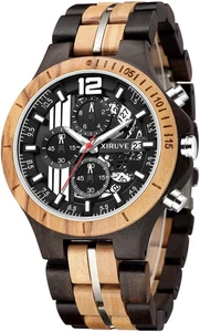 Orologio in Legno Da Polso Uomo Calendario Cronografo Quarzo Naturale - Foto 1 di 12