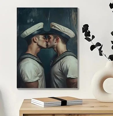 IMPRESIONANTE LIENZO ENMARCADO IMPRESIÓN MARINERO ENMARCADO IMAGEN HOMOERÓTICA GAY LGBTQ+ Foto 1 de 4