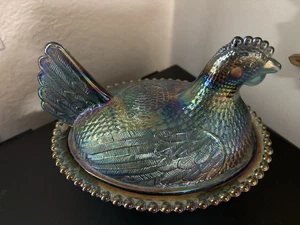 Vintage Indiana Glass Iridescent Carnival Blue Hen On A Nest - Candy Dish 7" - Picture 1 of 8