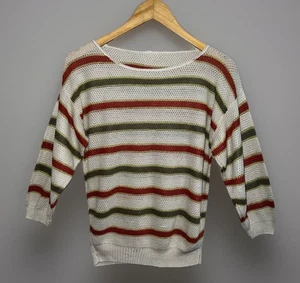 Vintage 70er 80er gestreifter Pullover Metallicfaden Feinstrick - creme oliv rost - Gr. S/M - Bild 1 von 6