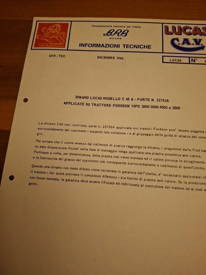 LUCAS C.A.V. -BRB Informazioni Tecniche 1966 N*9-DINAMO MOD C40 TRATTORI FORDSON - Immagine 1 di 1