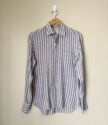 AteSeta Men's 100% Linen Long Sleeve Button Up Shirt Size 15/38 Striped - Image 1 of 4