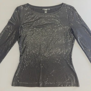 St John Caviar Schwarz Mikro Schimmer Pailletten Langarm Abend Top Größe P - Bild 1 von 12