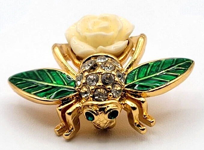 Joan Rivers 白色和绿色珐琅金色栀子蜜蜂别针限量版 — 第 1/4 张图片