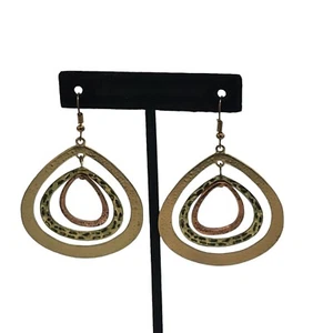 Earrings Hoop Tear Drop Pierced Dangle Gold Tone Triple Layer Hook 2.5" - Picture 1 of 5