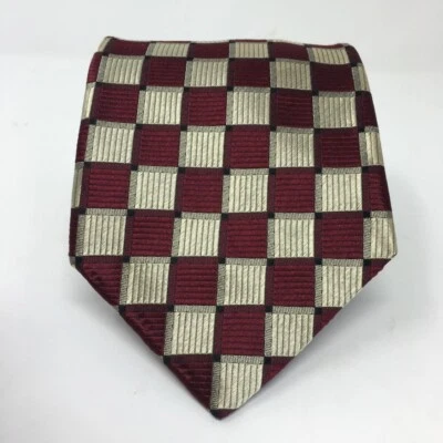Altea Milano Mens Silk Necktie Burgundy & Gold Check Made in Italy - Image 1 of 4