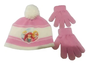 Disney Princess Pink Beanie with cottonball and glove Cinderella Aurora Ariel - Picture 1 of 10