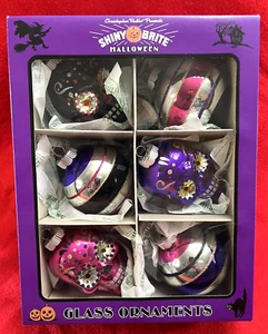 NEW Shiny Brite Halloweeen 6 Glitter Sugar Skulls & Striped Round Ornaments NIB - Picture 1 of 8