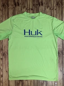 HUK Outdoor Performance Gear Fishing NEON GREEN Short Sleeve Shirt Mens MED EUC - Picture 1 of 9