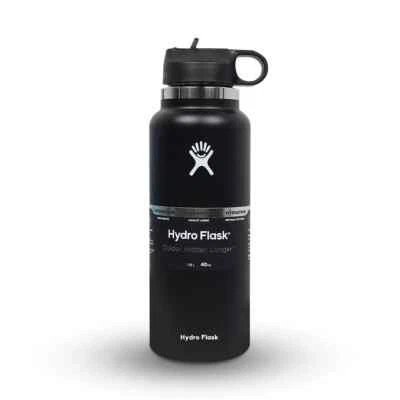 40oz BLACK Hydro Flask Water Bottle Stainless Steel Wide Mouth with Straw lid