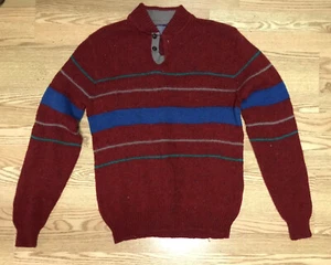 1960-70s Mens M Pendleton Wool Knit Sweater Red Blue Striped Polo Pullover - Picture 1 of 5