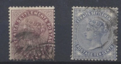 Estampillas de asentamientos del estrecho 1882 SG48,49; usadas; corona marca de agua CC; CV £255 Foto 1 de 4