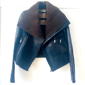Kookai Shearling Suede Lambskin Leather Jacket Black Brown Size 34 (Size 6 AU)